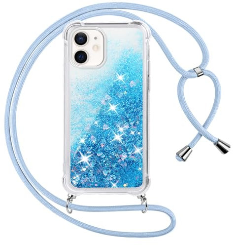 Vauki handyband für iPhone 11 Hülle mit Band, Silikon Durchsichtig Transparent Flüssig Glitzer mit Kette Kordel Treibsand Necklace TPU Schutzhülle Case für iPhone 11, Blau