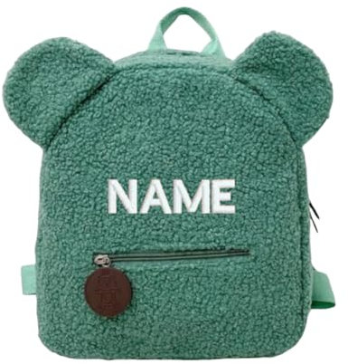 Personalisierter Teddy-Bär Rucksack für Kinder & Erwachsene - Plüsch-Rucksack mit Namen - Perfekt für Schule, Arbeit & Reisen - Kuscheliger Tagesrucksack mit Ohren, Grün