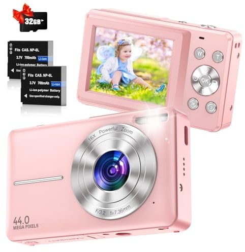 Cámara Digital 1080P HD 44MP Con Zoom 16X - Compacta Con Tarjeta De 32 GB, 2 Baterías - Para Niño/Adolescente/Principiante - Rosa