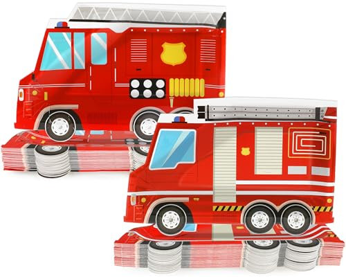 50 Stück Feuerwehrauto Geburtstag Party Teller Feuerwehrauto geformte Einwegteller Feuerwehrmann Pappteller Feuerwehrmann Dessertteller für Feuerwehrauto Geburtstag Feuerwehrmann Babyparty