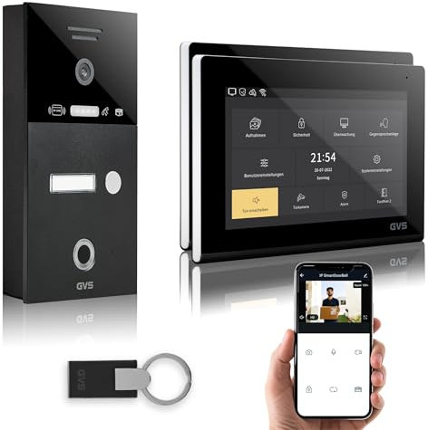 GVS - IP Video Türsprechanlage mit Türöffner, Fingerprint & RFID, HD Kamera, 2X 7 Zoll Monitor & App - Smarte Video Türklingel mit Kamera & Gegensprechanlage für 1 Familienhaus (AVS5285A)