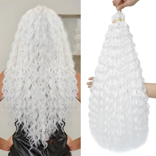 FANLUTYIN 22 Inch Curly Crochet Braiding Hair 3 Packs Ocean Wave Crochet Hair Extensions Deep Wave Synthetic Braiding Hair Curls Hair Twist Water Wave Braided Hair (White, 22 Inch 3 Packs)