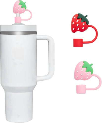2 Pcs Pink and Red Strawberries Straw Covers Cap for Stanley 14oz&20oz&30oz&40oz Tumbler, 8mm Food Grade Silicone Cute Straw Topper, Reusable Drinking Straws