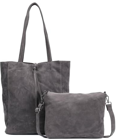 Damen Tasche Set 2in1 Shopper Handtasche Crossbody Hobo Bag Schultertasche Umhängetasche Metallic Cross-Over DIN-A4 Dunkelgrau.