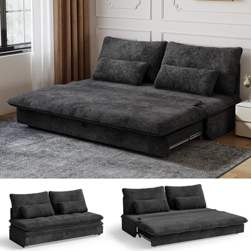 Devoko Sofa mit Schlaffunktion 190 x 157 Ausziehbares Schlafsofa mit Bettkasten Kleine 2 Sitzer Chenille Couch Klappsofa Schlafcouch mit Stauraum für Wohnung und Wohnzimmer, Schwarz