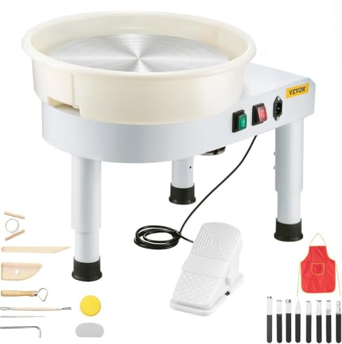 VEVOR Tornio da Vasaio per Fai da Te, Ruota Ceramica da 35 cm, velocità Regolabile da 60 a 300 Giri/min, Controllo a Pedale, Bacinella Rimovibile, Gamba Regolabile, con Kit Accessori, Uso Domestico
