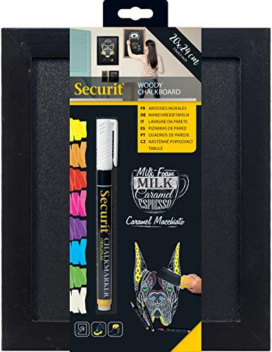 SECURIT - Lavagna da Parete Woody - Per Pennarelli a Gesso Liquido - Per Bar, Ristoranti, Pub, Negozi - Cornice in Legno Laccato - 1 Pennarello a Gesso Liquido Incluso - 20x24cm - Colore Nero
