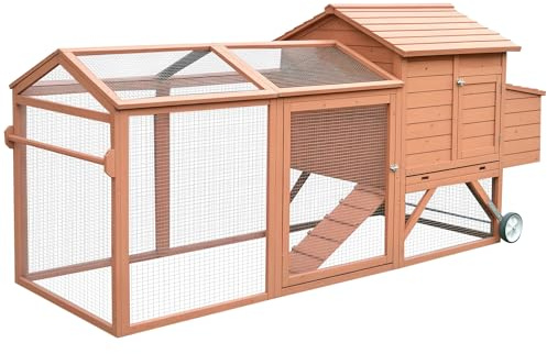 PawHut 96.5 Chicken Coop Wooden Hen House Poultry Cage Pen Portable with Wheels and Nesting Box, Chicken Cage for Backyard Outdoor, Natural