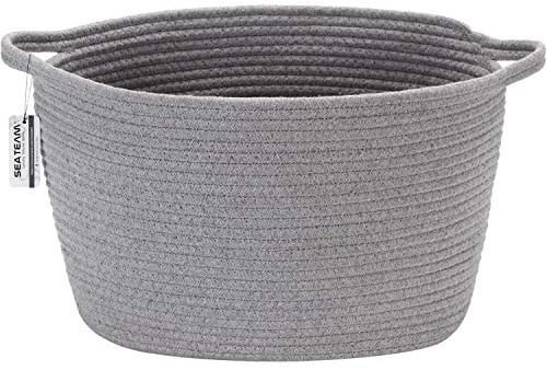 Sea Team Oval Cotton Rope Woven Storage Basket with Handles, Diaper Caddy, Nursery Nappies Organizer, Baby Shower Basket for Kid's Room, 14.2 x 9 x 11.4 Inches (Medium Size, Grey)
