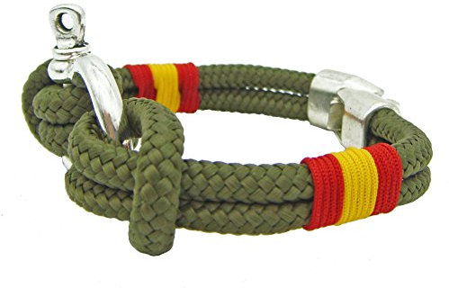 Pi2010 - Pulsera náutica con grillete/Verde Militar/Bandera España Trenzada/Unisex / 21cm /recomendamos medirse la muñeca para calcular Talla/Hecho a Mano en España/Cierre zamac/Grosor 4mm