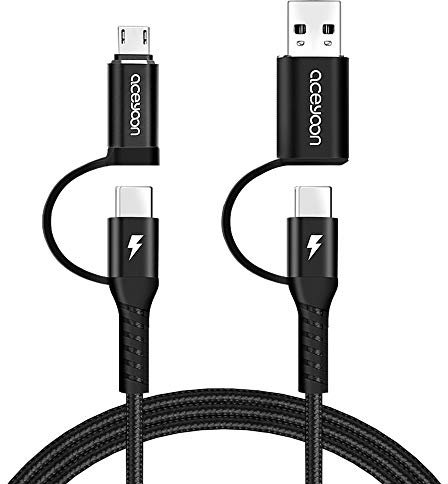 aceyoon Multi Charger Cable, 4 in 1 PD/QC3.0 Charger Cable(USB/2 USB C/Micro USB) Fast Charge Micro USB to USB C Braided Nylon USB C to USB C Cable Compatible for iPhone 15,Galaxy S23 S22, etc(1M)