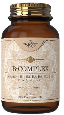 Sky Premium Life Vitamin B Complex with Vitamins B1, B2, B3, B5, B6, B12, Folic Acid & Biotin - 60 Tablets (1 Pack)