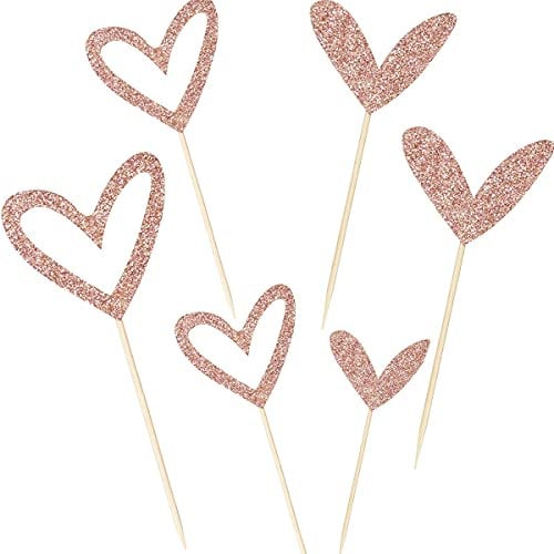 Hongyuly 24 Pcs Rose Gold Love Heart Cupcake Toppers for DIY Cupcake Show Birthday Party Decorations