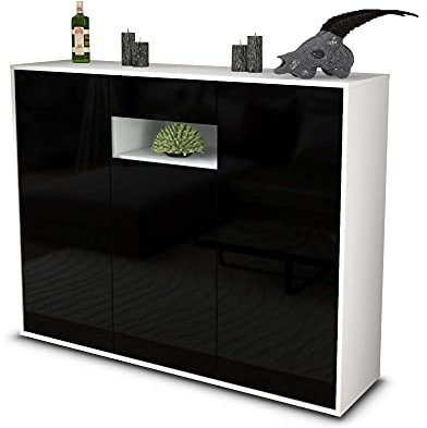 Stil.Zeit Highboard Kommode Madalena, Korpus Weiss matt, Front Hochglanz-Design Schwarz (136x108x35cm), Push-to-Open Technik & Leichtlaufschienen