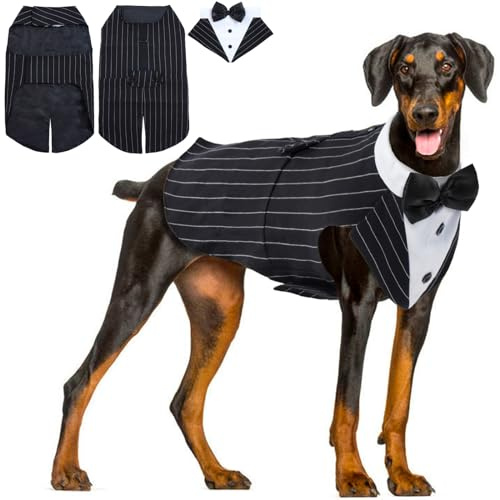 Hjyokuso Hund Smoking Anzug & Bandana Set, Hund Hochzeit Anzug, Hundekostüm für Kleine, Mittlere und Große Hunde, Hundekleidung für Hochzeit, Geburtstage, Partys, Weihnachten und Halloween -Gestreift