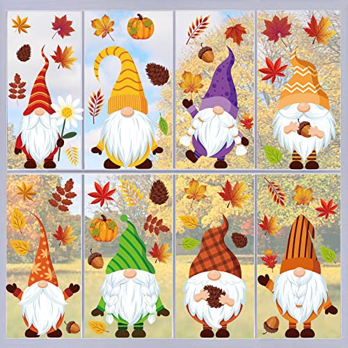 Flyftrey Thanksgiving Fenster Aufkleber, 8 Blatt Herbst Fensterbilder Erntedankfest Fensteraufkleber, Gnome Ahornblatt Fensteraufkleber Ohne Kleber,Herbst Fensterdeko für Kinderzimmer Schaufenster