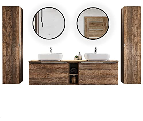 Lomadox Badezimmermöbel Komplett Badmöbel Set Vintage Oak Eiche Nb, 2 Keramik-Waschtische, 180cm Unterschrank mit Regal, 2 LED-Spiegel, 2 Hochschränke