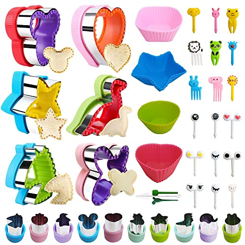 Ausstechformen Kinder Ausstecher Brot und Gemüse 48 Stück, Mgee Plätzchen Toast Weihnachten Ausstecher mit Food Picks Obstgabeln, Micky Dinosaurier Stern Herz für Kinder (6pcs Shape)