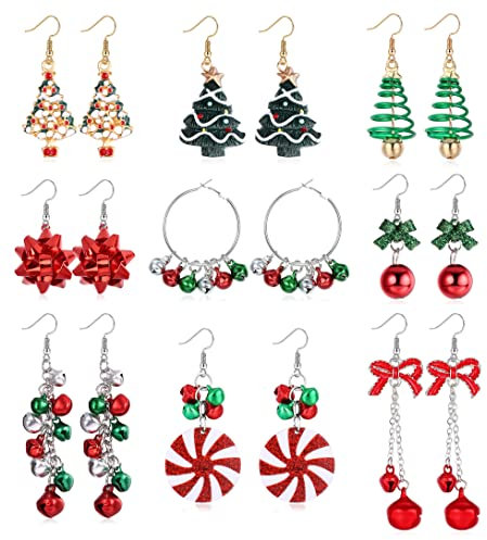 CASSIECA 9 Paar Weihnachten Ohrringe Weihnachtsbaum Ohrringe Kranz Weihnachten Ohrringe Weihnachten Geschenke für Frauen Mädchen Kinder Weihnachten Ohrringe Hängend Weihnachten Ohrstecker