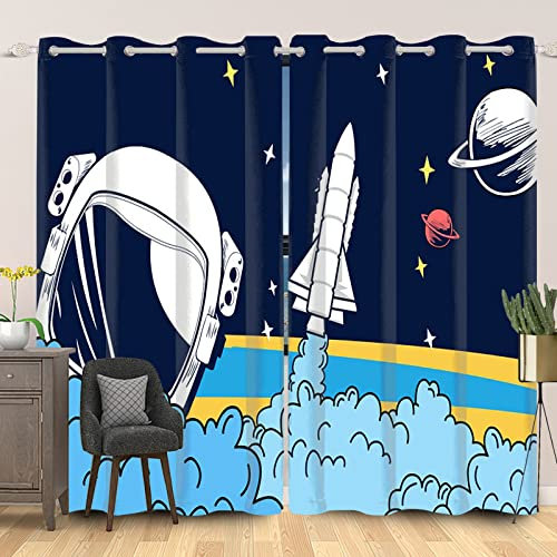 SDOTPMT 117x138cm Karikatur Das Universum Galaxie Rakete Fenstervorhang Astronaut Äußeres Weltraum Sternenhimmel Gittervorhänge Handgezeichnet Schiebevorhänge für Wohnzimmer Vorhänge, 2 Stücke