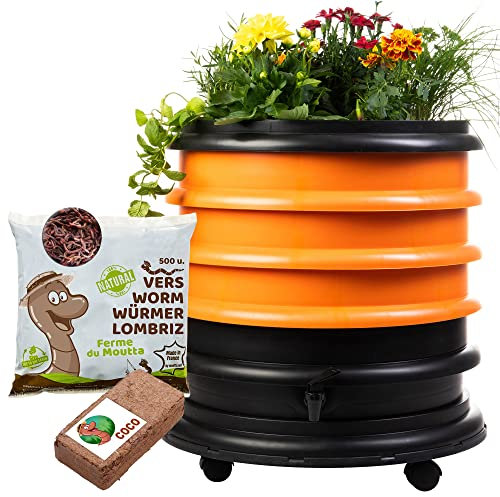 WORMbox | Lombricomposteur 3 Plateaux Orange + Jardinière + 250gr de vers de Compost + 1 Bloc Coco | 48 litres | Compostez Vos déchets organiques, Les vers de Terre/lombrics/lombricompost