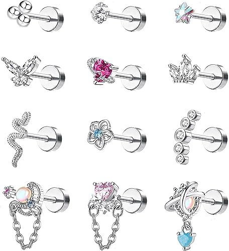 Diamday 12PCS 16G Knorpel Ohrringe Ohrstecker Damen Chirurgenstahl Schraube Flache Rückseite Ohrringe Kleine CZ Kugel Herz Schmetterling Blume Baumelnd Hantel Ohrstecker Tragus Helix Conch Ohrpiercing