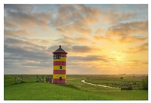 artboxONE Poster 30x20 cm Reise Pilsumer Leuchtturm Sonnenaufgang - Bild ostfriesland Emden gelb