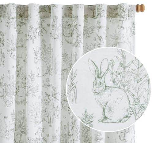 jinchan Linen Nursery Curtains 84 inch Long Woodland Wildlife Sage Green Print Drapes for Kid's Room Light Filtering French Country Farmhouse Curtains with Bunny and Forest Design Set of 2 Panels