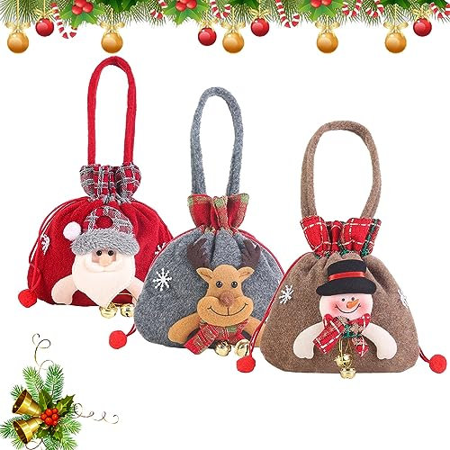 3 Stück Weihnachts-Geschenktüten, wiederverwendbare Stoff-Kordelzug-Weihnachtspuppen-Taschen, kleine Leckerli-Taschen, Geschenkbeutel für Party, Weihnachtsmann, Schneemann, Puppe, Weihnachtssäcke,