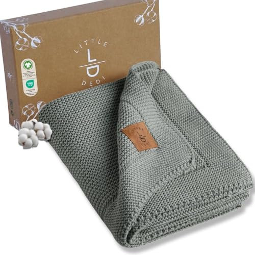 Little Dedi Strickdecke aus 100% Bio-Baumwolle GOTS Zertifizert, 80x100 cm. Dunkelgrün- Atmungsaktiv, Temperatur regulierend, in eleganter Geschenkbox für Babys