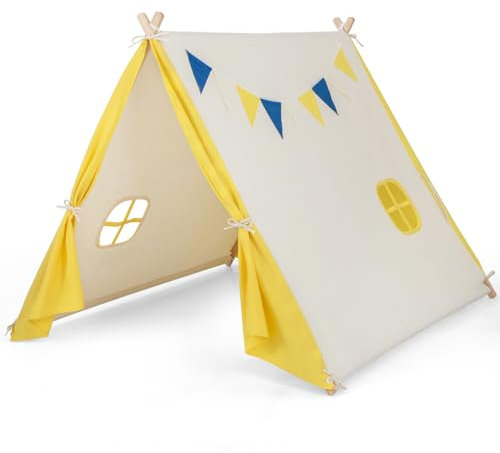 GYMAX Kids Play Tent, Wooden Children Large Playhouse Tent with Cute Window & Flags, Portable Triangular Playhouse for Indoor and Outdoor