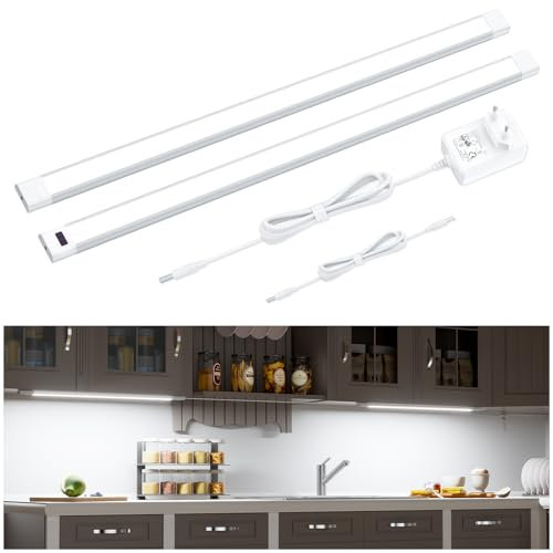 WOBANE Led Cocina Bajo Mueble 120 cm, Regulable Barra Luz Armario con Sensor sin Contacto 2 x 60 cm, Luces Cocina Debajo Mueble con Enchufe 24V, Luz Led Adhesiva para Estanteria, Blanco Frío 6000K