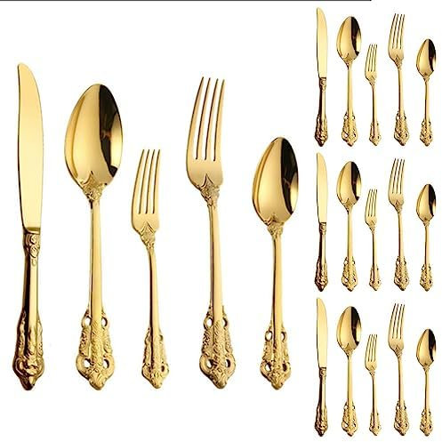 Set Di Posate, Set Di Posate In Acciaio Inossidabile, Plastica Trasparente, Set Cucchiaio Coltello E Forchetta, 20 Pezzi Vintage Goffrato Fiore Oro Cucina Posate In Acciaio Inossidabile Posate Set Di