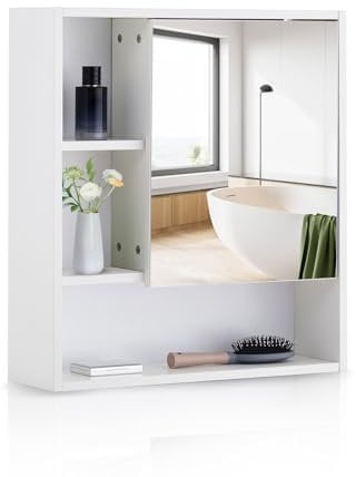 CLIPOP 1 Door Bathroom Mirror Cabinet, Wall Mounted Bathroom Storage Cabinet, 55 x 60cm Hanging Over Toilet Storage Cupboard with Adjustable Shelf for Bathroom Washroom