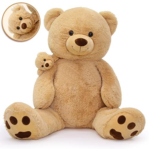 MorisMos 130cm Teddybär groß XXL mit kleinbär - Hell Braun riesen Teddys Plüschbär Kuschelbär, Bär XXL Gefüllt Kinder Geschenk