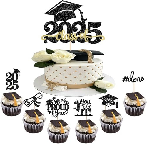 25 Stück 2025 Abschluss Tortendeko Graduation Grade Cap Kuchen Deko So Proud of You Cupcake Toppers für 2025 Abschluss Party Kuchen Dekoration Schwarz