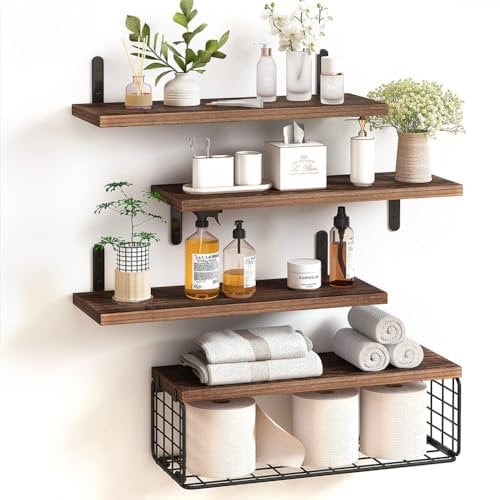 BAKAJI Set 4+1 Mensole da Parete in Legno Massiccio, Scaffali a Muro Multiuso, Staffe e Cestino in Metallo, Scaffalatura per Camera da Letto, Soggiorno, Cucina, Bagno, Libreria, Salvaspazio (Rovere)