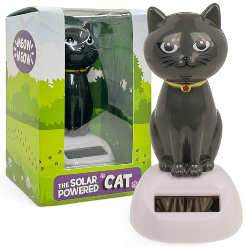MIJOMA Solarbetriebene Wackelfigur - Bewegliche Figur mit Solarzelle, Kunststoff, 10 cm hoch, Keine Batterien notwendig, Für Fensterbretter, Autos & sonnige Plätze (Katze grau)