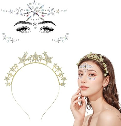 NebulaGlam Sterne Haarreif mit Gesicht Edelsteine, Sterne Stirnband Strass Haarband Gesichtstattoo Karneval Fasching Geburtstag Party Kostüm Haarreifen Glitzer Haarschmuck für Damen Mädchen (Gold)