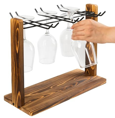 ExoLiry Rustic Wine Glass Hanging Rack Torched Brown Wooden Matte Black Metal Wire 6-Slot Drinking Glassware Holder Champagne Flutes Counter Top Tabletop Drying Displaying Kitchen Bar Dining Table