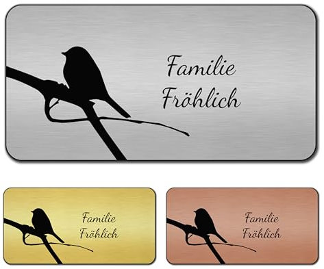 banjado® Türschild Gold personalisiert/Graviertes Klingelschild selbstklebend oder als Namensschild Briefkasten versch. Größen & Designs/Hausschild personalisiert für Draußen mit Namen Früher Vogel