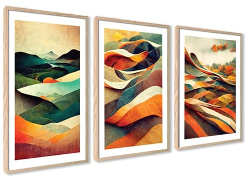 ag.art deco® Herbst Poster Set 50x70cm | 3set Bilder mit Holz Rahmen | Abstrakte Herbstlandschaft Wanddeko Wohnzimmer & Schlafzimmer Moderne Wandbilder Orange Braun