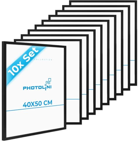 PHOTOLINI Bilderrahmen 40x50 schwarz Holz MDF, 10er Set Bilderrahmen 50x40 schwarz mit bruchsicherem Acrylglas, Rahmen 40x50 zum Aufhängen, 50 x 40 frame mit Zubehör - picture frames für Fotos, Poster