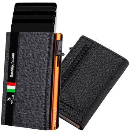 SINUM Portafoglio Saffiano - Chiusura Magnetica - Porta Carte Di Credito con Portamonete - Protezione RFID Anticlonazione - Brand Italiano (Saffiano, Nero/Arancione)
