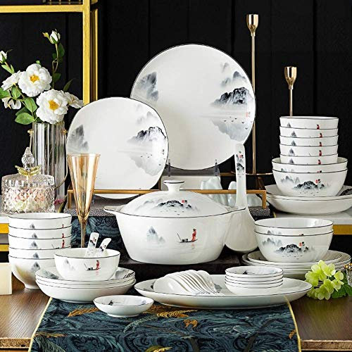 ABNNHK Stoviglie in Ceramica, Set da tavola da 60 Pezzi, Set di Porcellana in Stile Cinese Antico, Set di Piatti da Portata, Piatti/Ciotole/cucchiai e pentola per zuppa, Servizio per 12