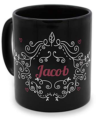 printplanet - Tasse Schwarz mit Namen Jacob - Motiv: Ornamente - Namenstasse, Kaffeebecher, Mug, Becher, Kaffeetasse