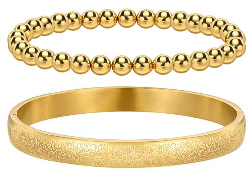 2 Stück islamische Armband für Frauen mit Ayatul Kursi - Arabische Allah Perlen Stacking Armreifen Quaran Tasbih religiösen Schutz Islam Eid Ramadan Schmuck muslimische Geschenke (Gold-Schließen)