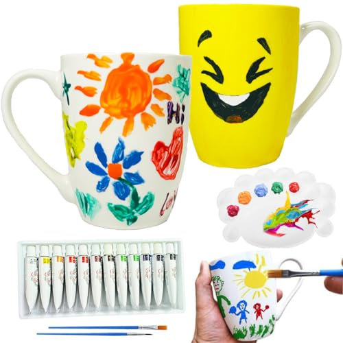Keramik Tassen Bemalen Set, Painting Kreativ Malset Mit 2 weiße Tasse zum Bemalen, Farben, Pinsel, Malpalette und Bedienungsanleitung, Personalisiertes keramik DIY Set Erwachsene Bastelset Geschenk