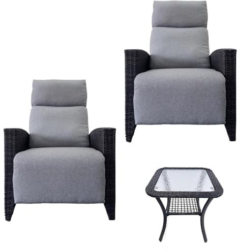Relaxliege Liegesessel&Beistelltisch-Set, Rattansessel, Verstellbare Rückenlehne, mit Dickem Kissen, Geeignet für Innen und Außen (Schwarz +Gray Relaxliege 2-PACK)+(Schwarzer Beistelltisch 1-PACK)