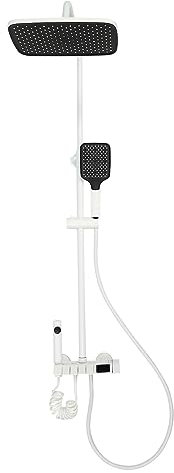 Duschsystem mit Thermostat 4 Strahlarten Duschkopf Höhenverstellbar Wandbefestigung Duschgarnitur mit Regendusche, mit LED-Digitalanzeige Duschset Duscharmatur Komplettset, für Dusche Badzimmer (Weiß)